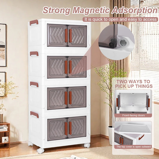 4 Tier Stackable Storage Bins with Lids with Doors & Wheels Foldable Organization Storage Drawer for Living Room Bedroom Office