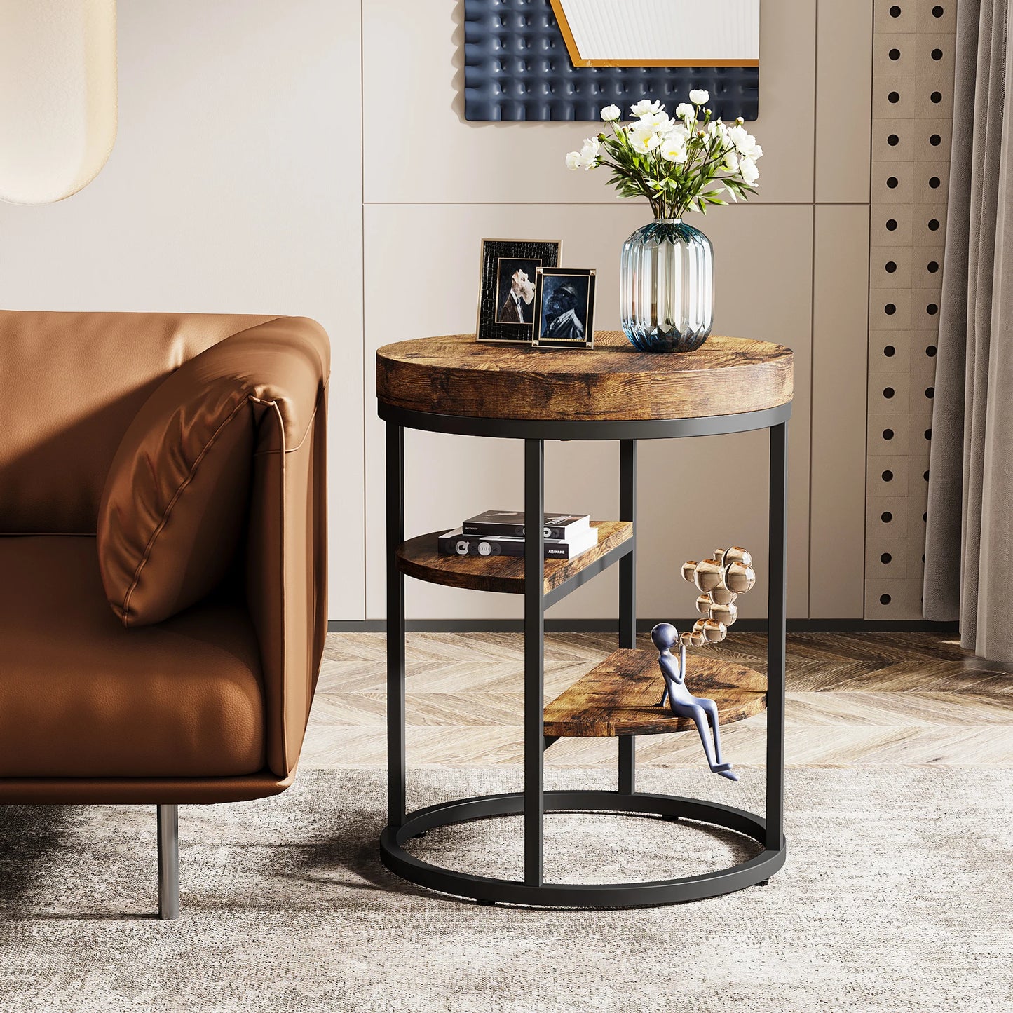 Tribesigns Round End Table With Storage Shelves Wood