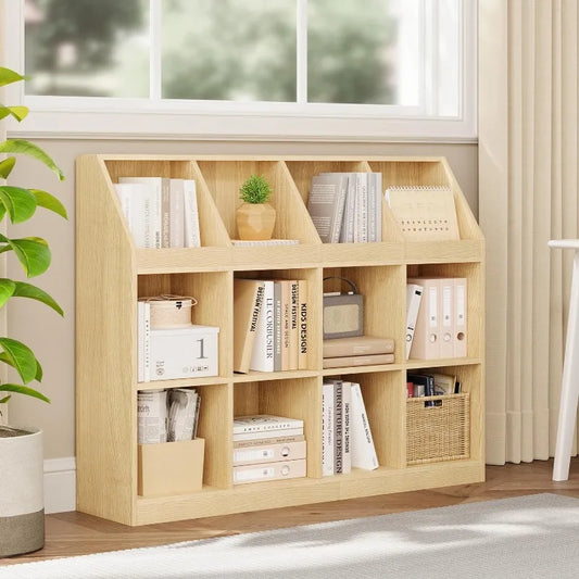 .12-Cube Wooden Storage Bookcase - 11-Inch Open Shelf Cabinet, Simple Modern Bookshelf Organizer for Home Office, Living Roo