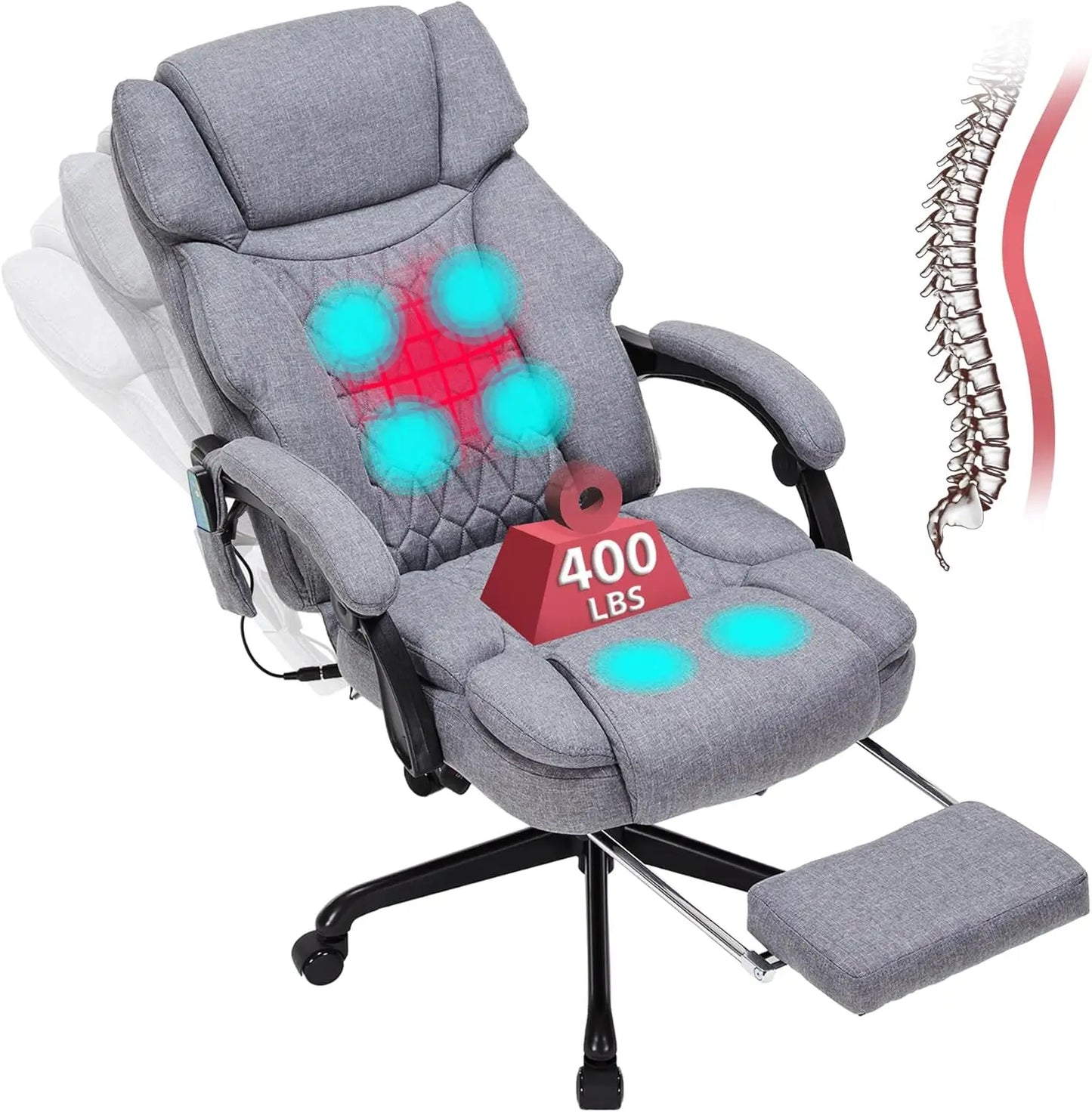 6 Points Massage Office Chair with Heat,Reclining Office Chair with Foot Rest,Vibration Home Office Desk Chairs for Heavy People