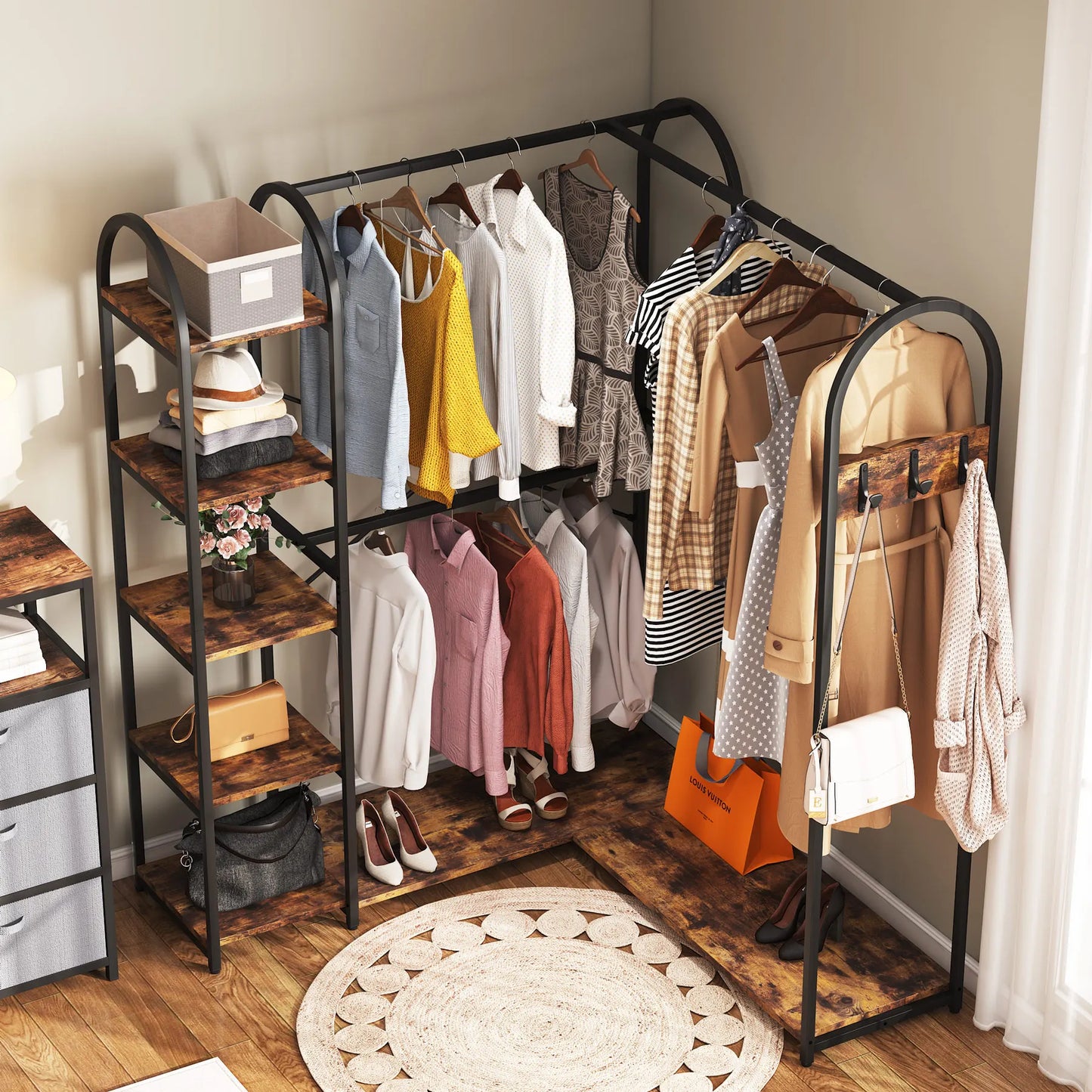 Tribesigns L Shape Corner Clothes Rack With Storage Shelves