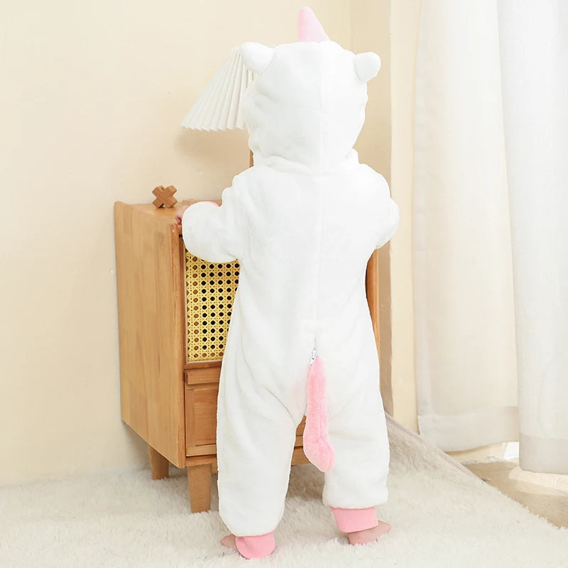 MICHLEY White Unicorn Baby Rompers Winter Clothes Costume Flannel Hooded Bodysuits Pajamas Animals Overall Jumpsuit For Kids