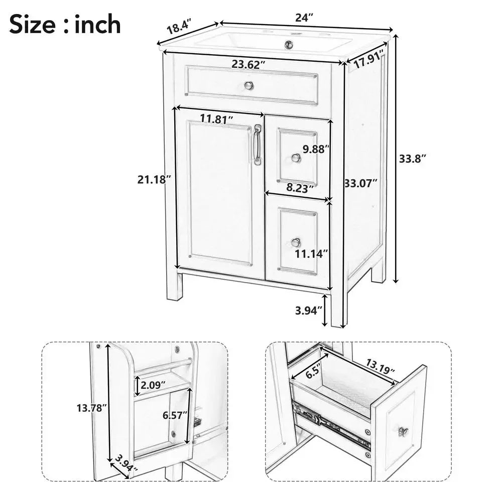 24 Inch Bathroom Vanity Ceramic Sink Soft Close Door Drawers Storage Racks Overflow Protection Durable Wood Modern Elegance Easy