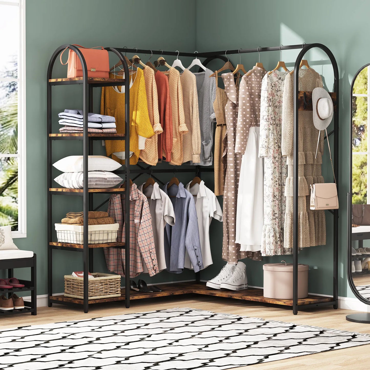 Tribesigns L Shape Corner Clothes Rack With Storage Shelves