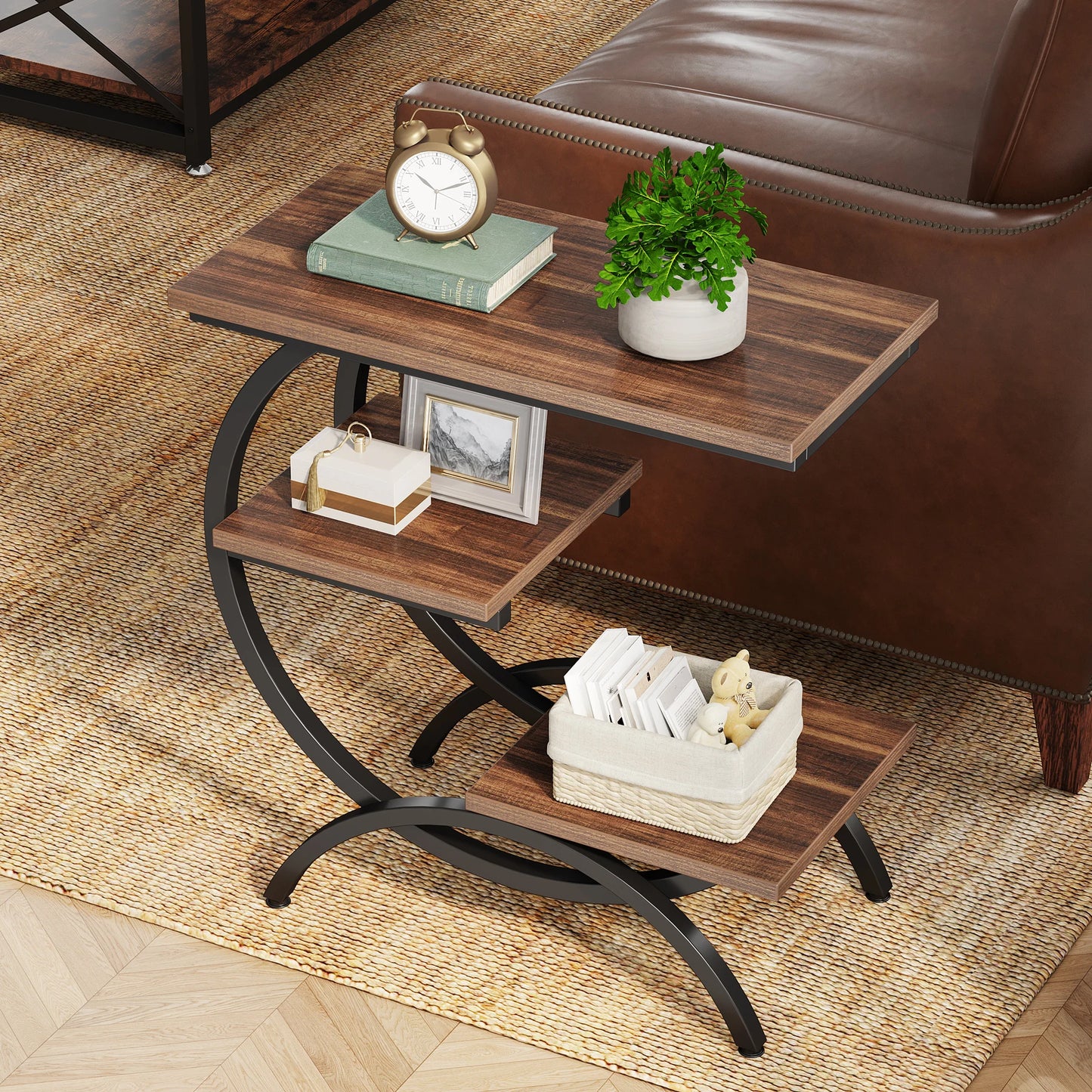 Tribesigns C Shaped End Table Industrial 3 Tier Storage