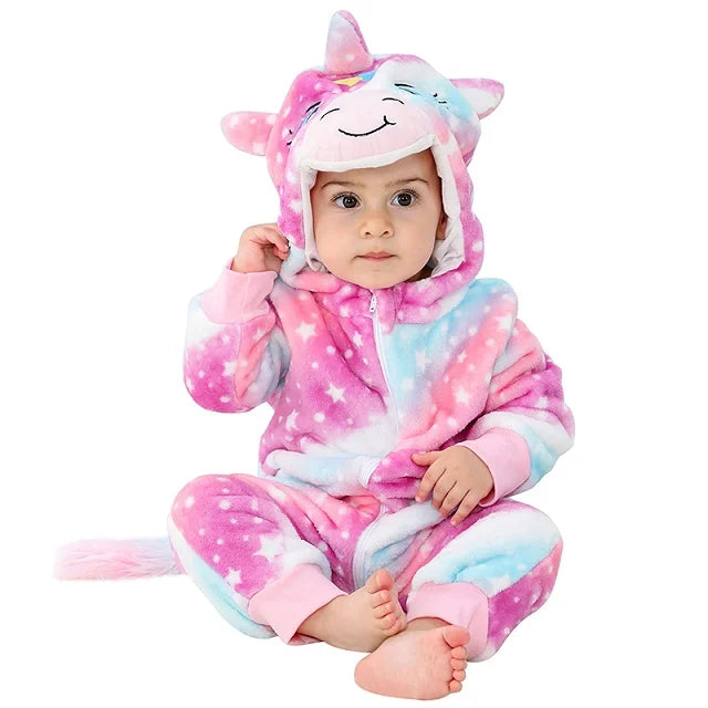 MICHLEY White Unicorn Baby Rompers Winter Clothes Costume Flannel Hooded Bodysuits Pajamas Animals Overall Jumpsuit For Kids