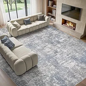 Washable 9x12 Area Rug for Living Room: Modern Abstract Neutral Large Soft Thin Rugs - Non Slip Indoor Carpet for Bedroom Dinin