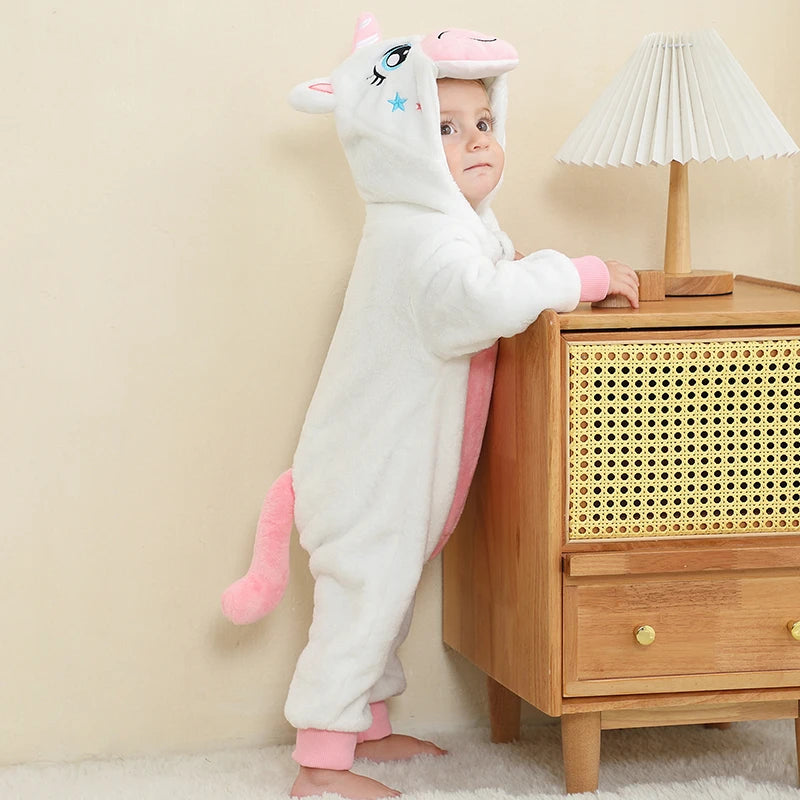 MICHLEY White Unicorn Baby Rompers Winter Clothes Costume Flannel Hooded Bodysuits Pajamas Animals Overall Jumpsuit For Kids