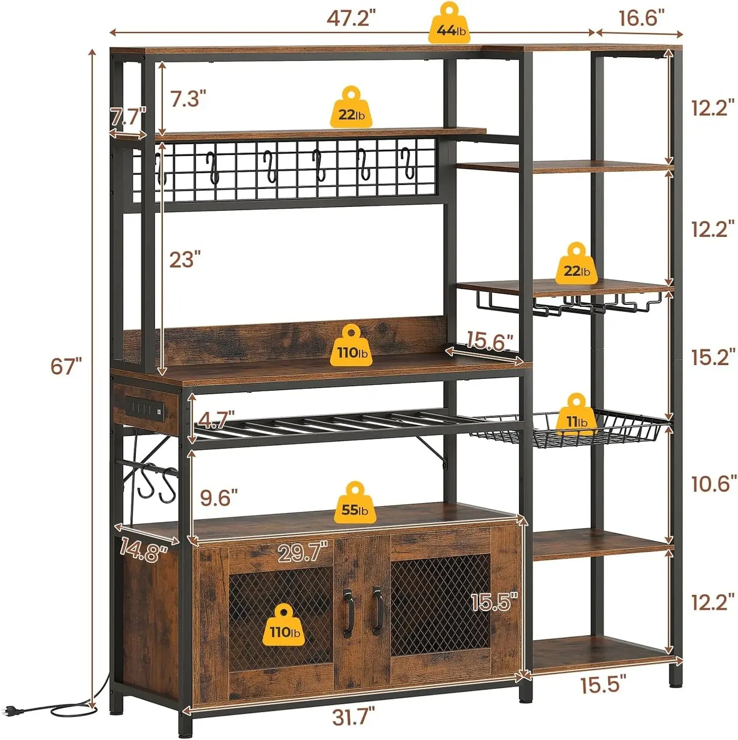 47.2in Microwave Stand with Storage Shelves,  Bakers Rack with Power Outlet,Coffee Bar with Cabinet, Kitchen Pantry Hutch
