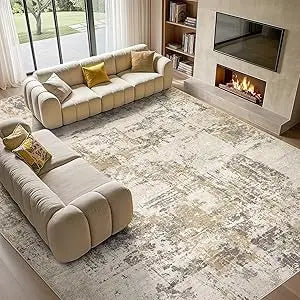 Washable 9x12 Area Rug for Living Room: Modern Abstract Neutral Large Soft Thin Rugs - Non Slip Indoor Carpet for Bedroom Dinin