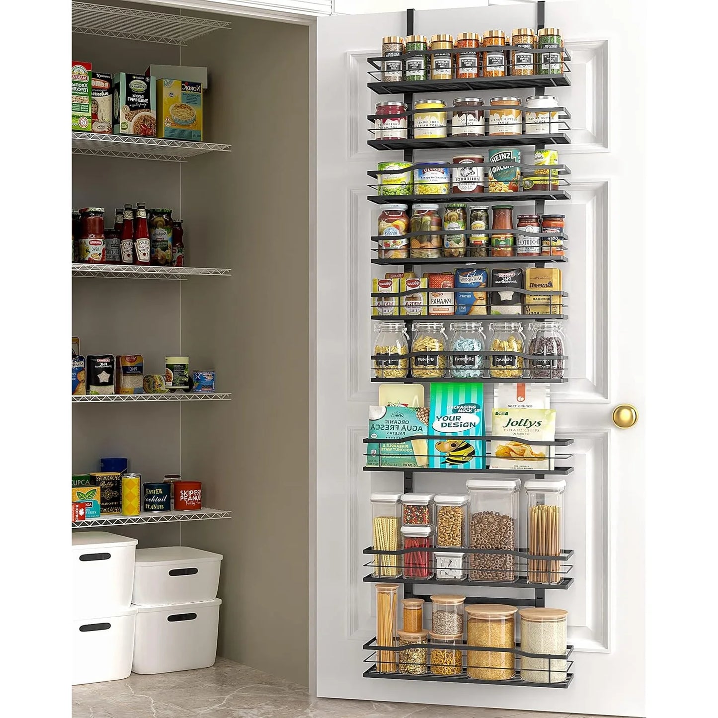 9-Tier Over The Door Pantry Organizer, Pantry Organization and Storage, Black Hanging Basket Wall Spice Rack Seasoning Shelves