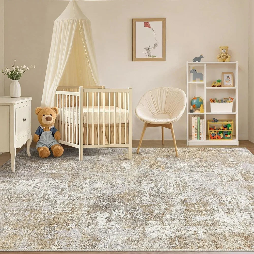Washable 9x12 Area Rug for Living Room: Modern Abstract Neutral Large Soft Thin Rugs - Non Slip Indoor Carpet for Bedroom Dinin