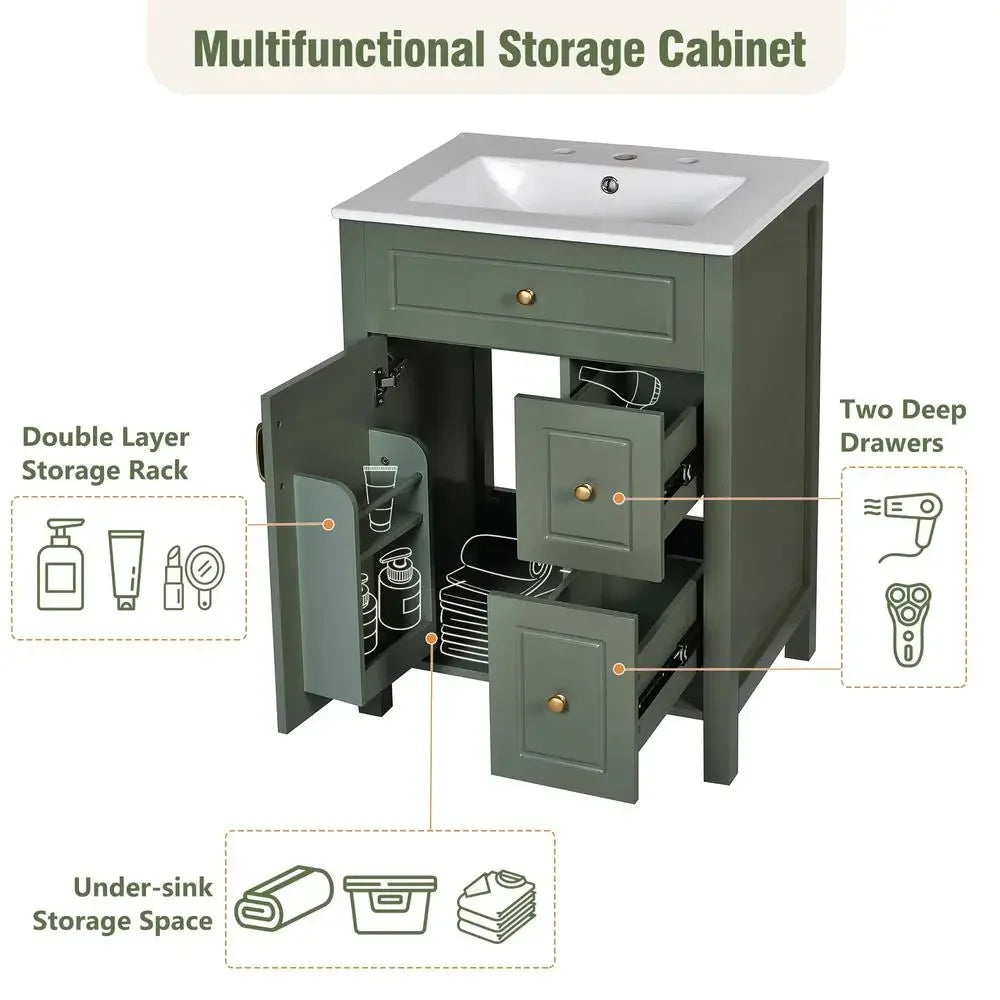 24 Inch Bathroom Vanity Ceramic Sink Soft Close Door Drawers Storage Racks Overflow Protection Durable Wood Modern Elegance Easy