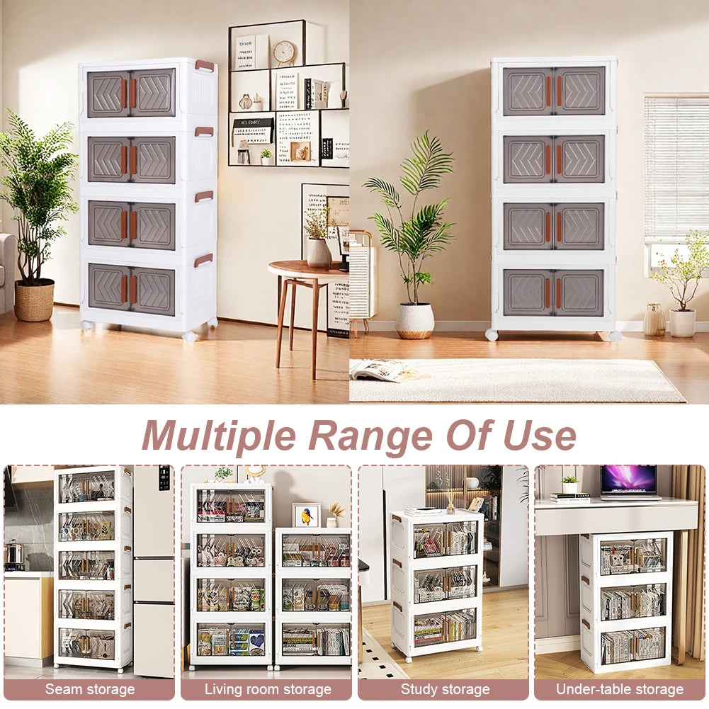 4 Tier Stackable Storage Bins with Lids with Doors & Wheels Foldable Organization Storage Drawer for Living Room Bedroom Office