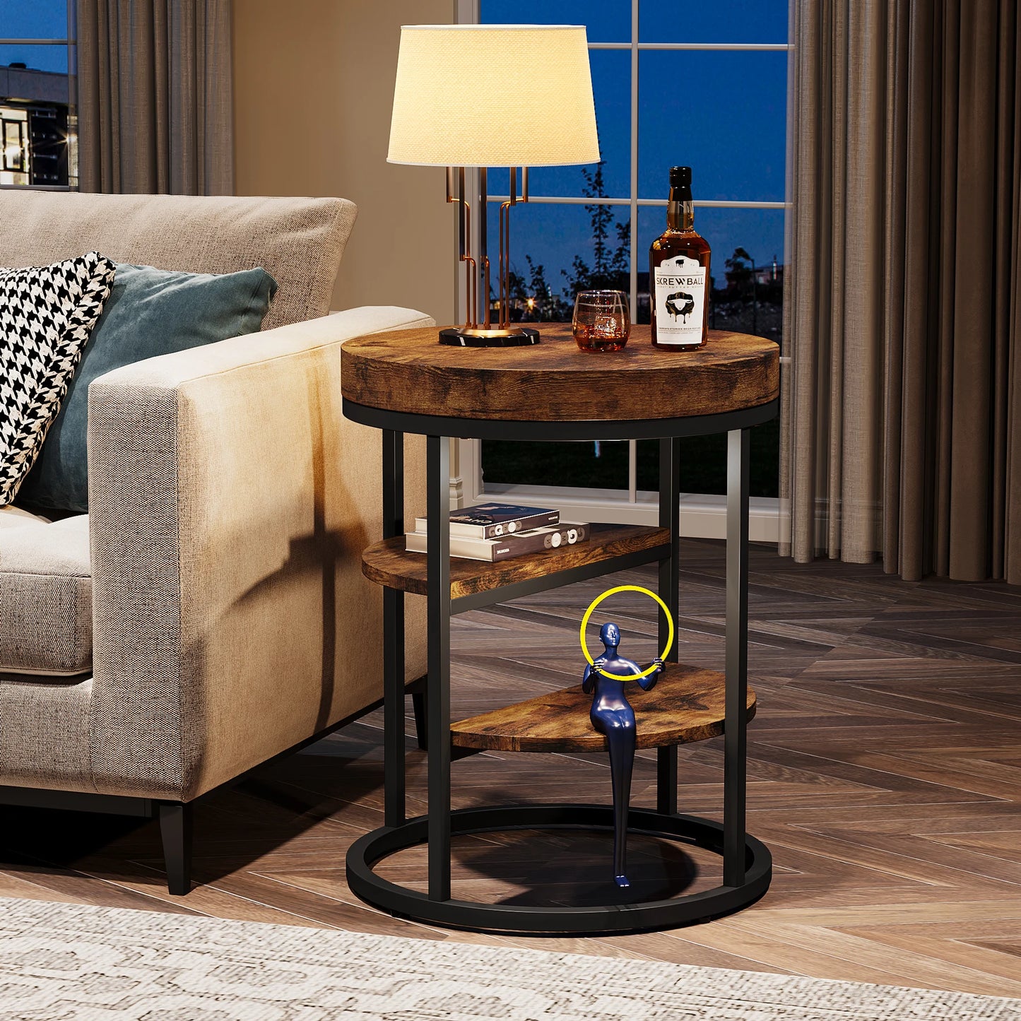 Tribesigns Round End Table With Storage Shelves Wood