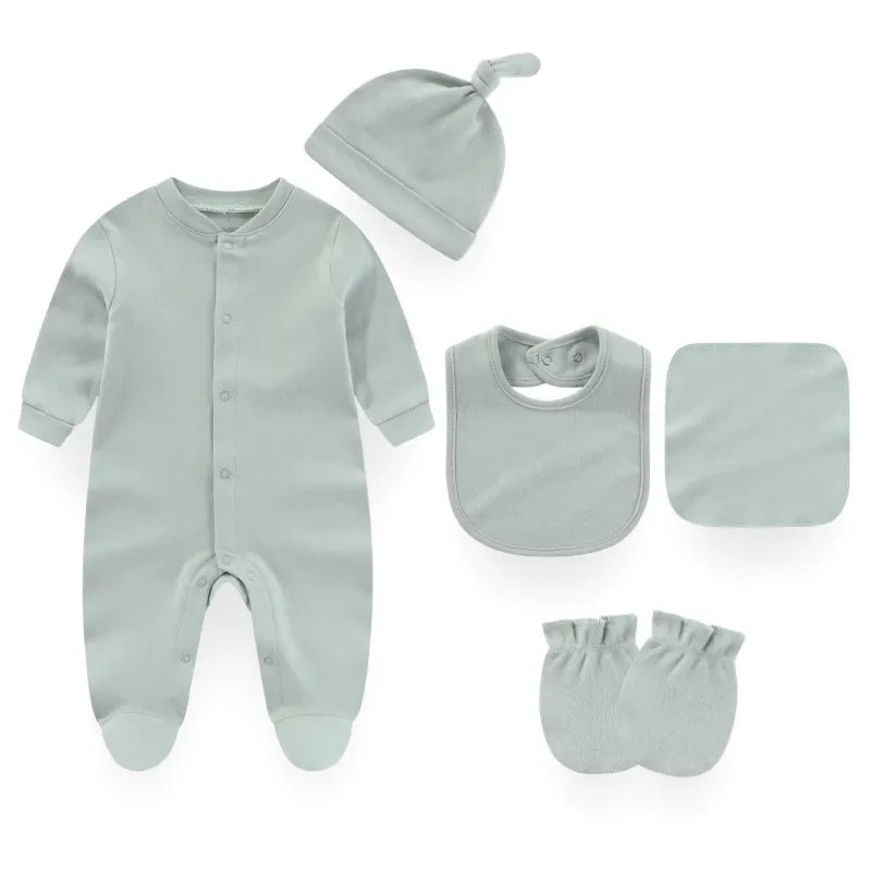 7 Colors Solid Unisex Baby Boy Girl Romper+Burp Cloth+Bib+Hats+Gloves Baby Clothing Sets