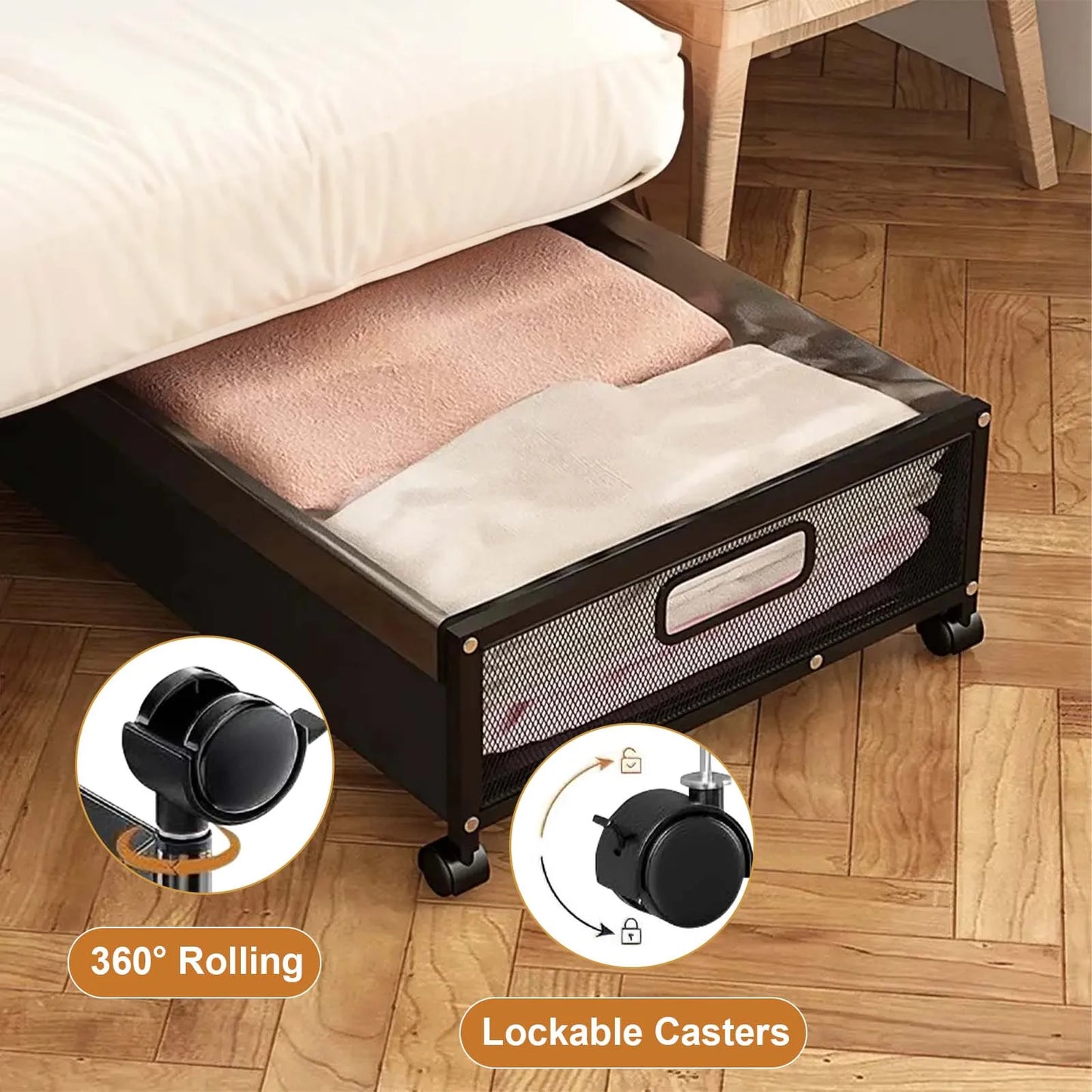 2-Pack Under Bed Storage Basket with Wheels Lids, Foldable Steel Frame Underbed Storage Bin Containers For Bedroom Dressing Room