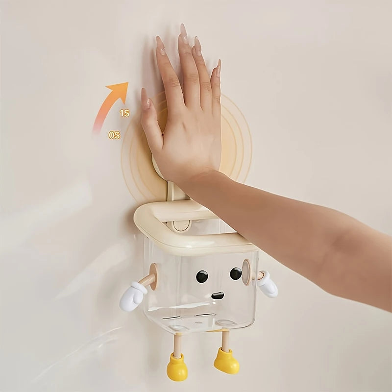 1pc Cartoon Bathroom Toothbrush Holder, Wall-Mounted No-Drill Suction Cup Storage Box, Cute Home Decor Plastic Organizer