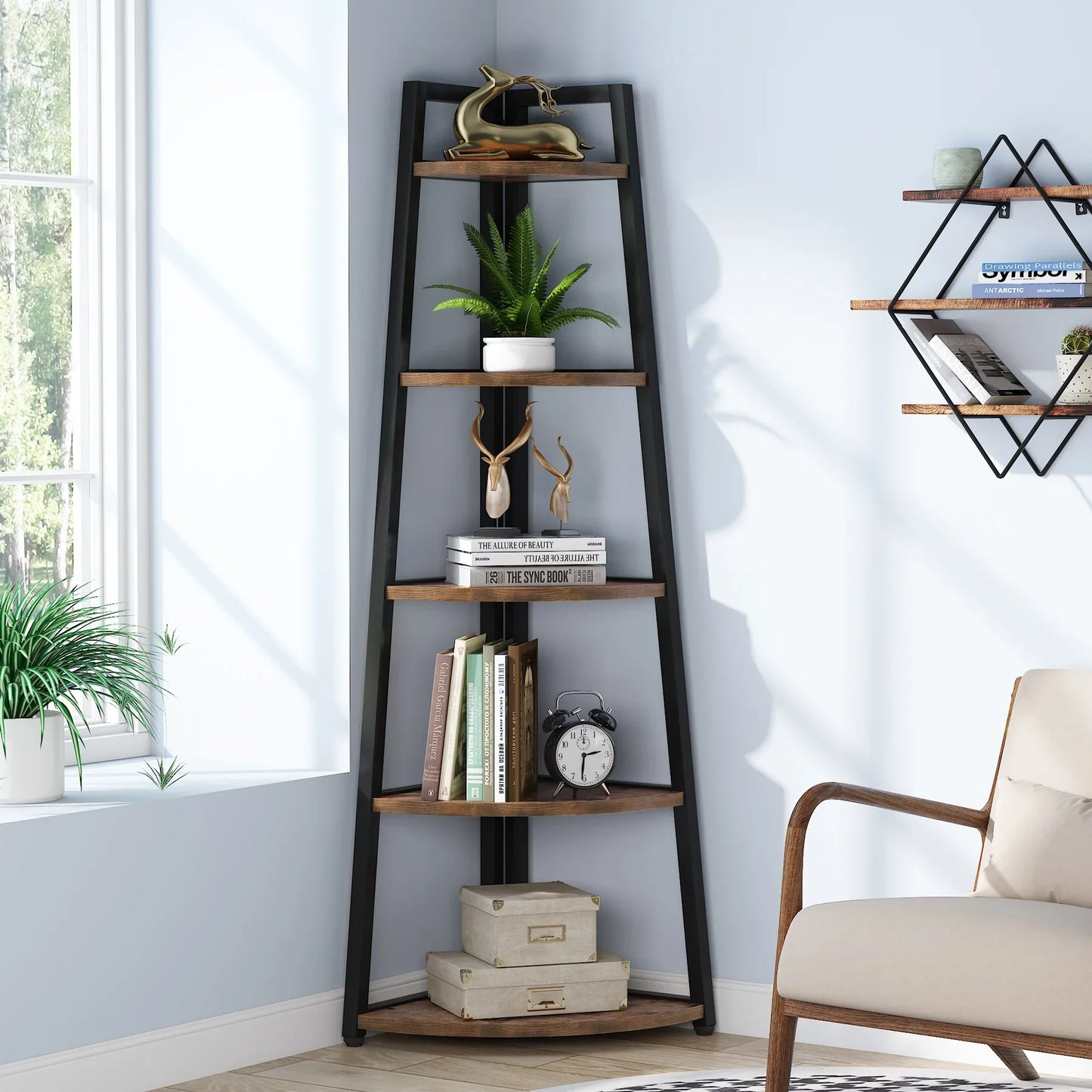 Tribesigns Corner Bookcase Wood Bookshelf 5 Tier Storage