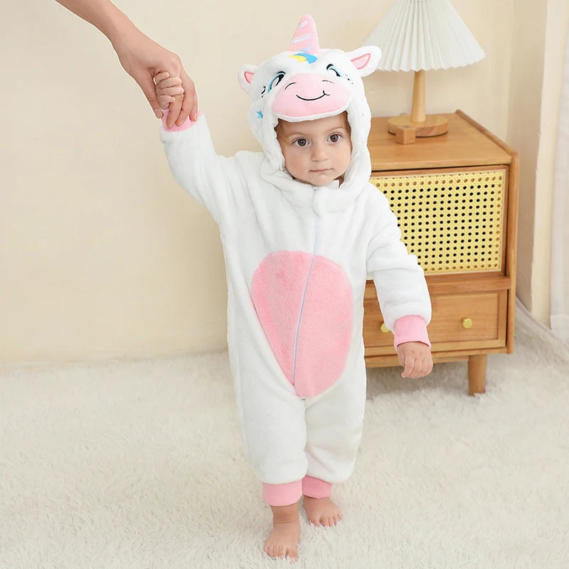 MICHLEY White Unicorn Baby Rompers Winter Clothes Costume Flannel Hooded Bodysuits Pajamas Animals Overall Jumpsuit For Kids