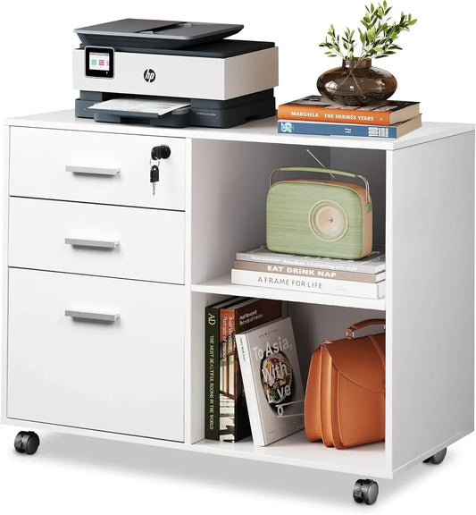 3-Drawer Wood File Cabinet with Lock, Mobile Lateral Filing Cabinet, Printer Stand with Open Storage Shelves for Home Office