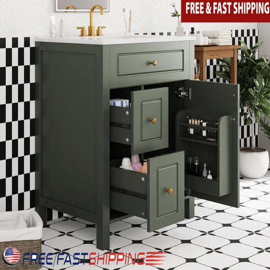 24 Inch Bathroom Vanity Ceramic Sink Soft Close Door Drawers Storage Racks Overflow Protection Durable Wood Modern Elegance Easy