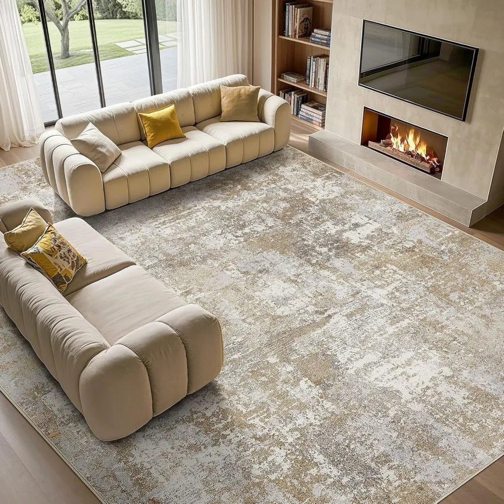 Washable 9x12 Area Rug for Living Room: Modern Abstract Neutral Large Soft Thin Rugs - Non Slip Indoor Carpet for Bedroom Dinin