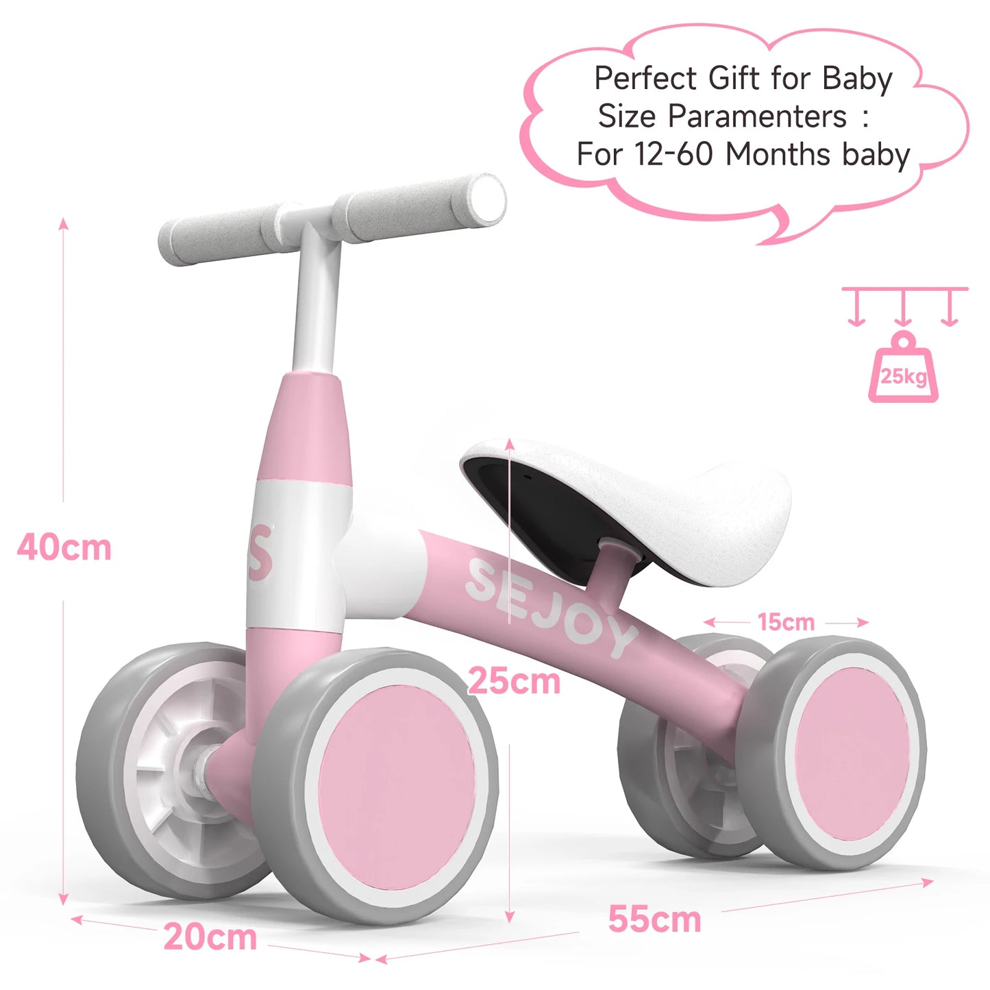 Sejoy Toddler Riding Toy Baby Balance Bike for 12-36 Month 4 Wheels Toddler First Bike,Birthday Gifts Boys Girls,Green/Pink