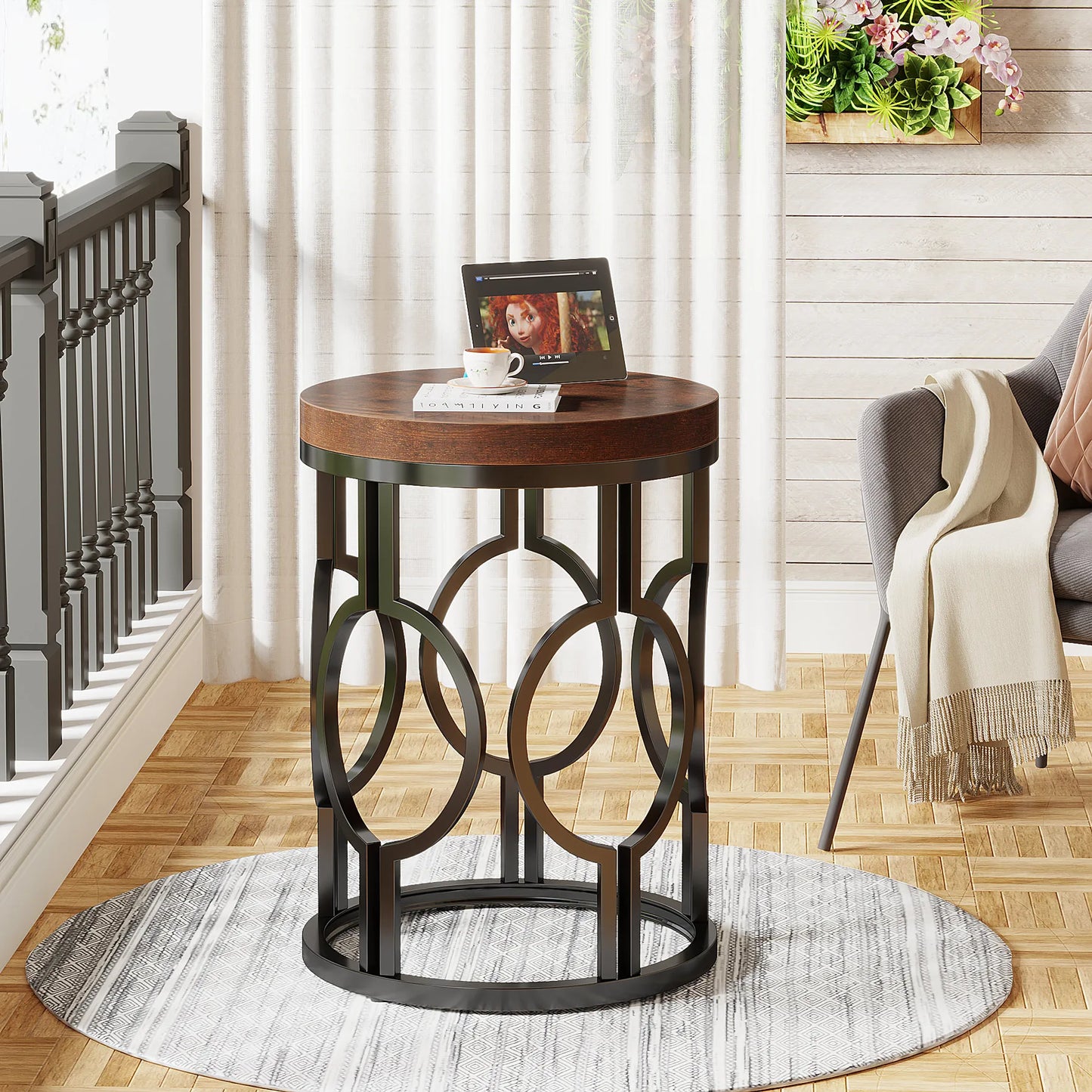 Tribesigns Round End Table Industrial Side Metal Frame