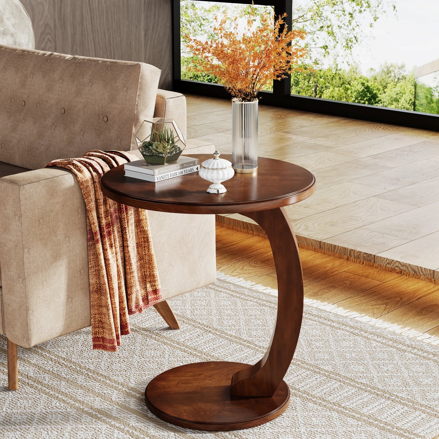Tribesigns Round End Table Wood C Shaped Side Table