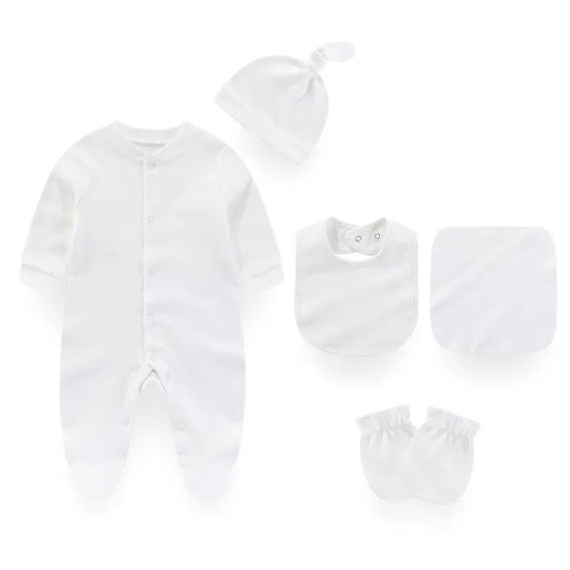 7 Colors Solid Unisex Baby Boy Girl Romper+Burp Cloth+Bib+Hats+Gloves Baby Clothing Sets