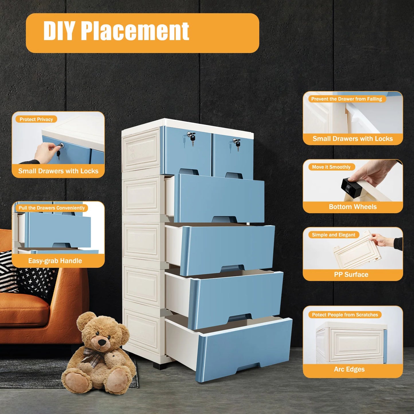Six Drawer Plastic Dresser Storage Tower for Home Office