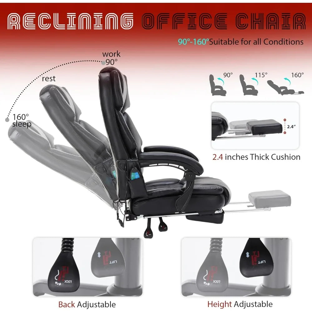 6 Points Massage Office Chair with Heat,Reclining Office Chair with Foot Rest,Vibration Home Office Desk Chairs for Heavy People