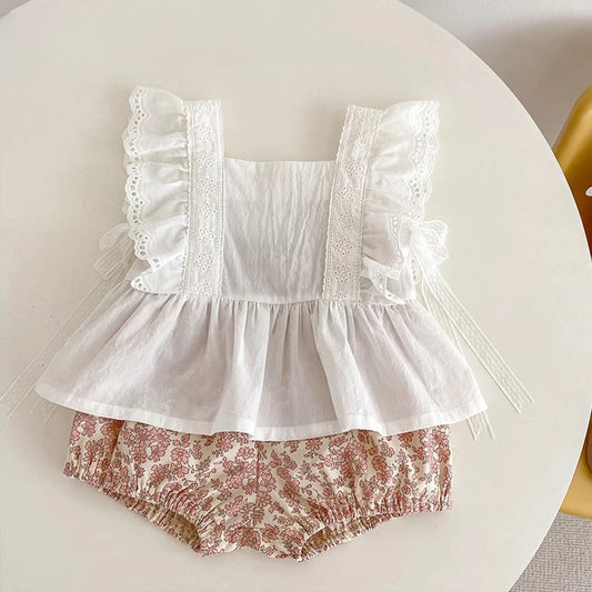Summer New Baby Cotton lace Flying Sleeve Cute Top+Versatile Little Flower Super Shorts Girl's Favorite Set Versatile