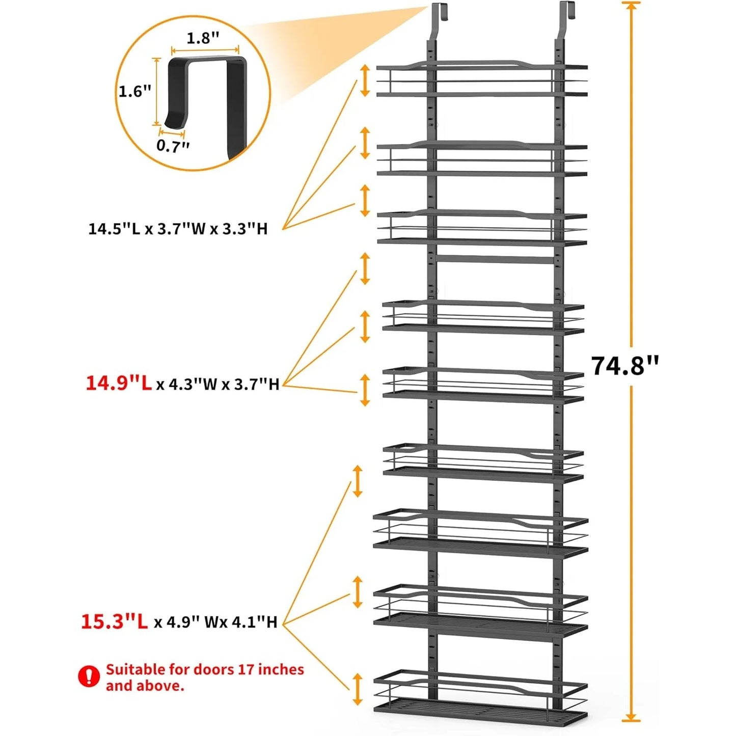 9-Tier Over The Door Pantry Organizer, Pantry Organization and Storage, Black Hanging Basket Wall Spice Rack Seasoning Shelves