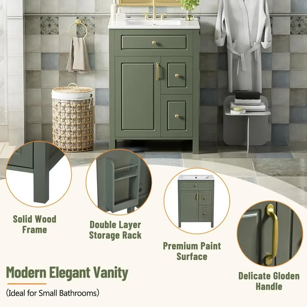 24 Inch Bathroom Vanity Ceramic Sink Soft Close Door Drawers Storage Racks Overflow Protection Durable Wood Modern Elegance Easy
