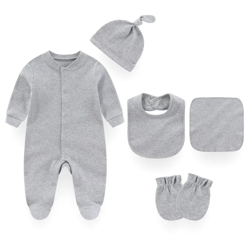 7 Colors Solid Unisex Baby Boy Girl Romper+Burp Cloth+Bib+Hats+Gloves Baby Clothing Sets