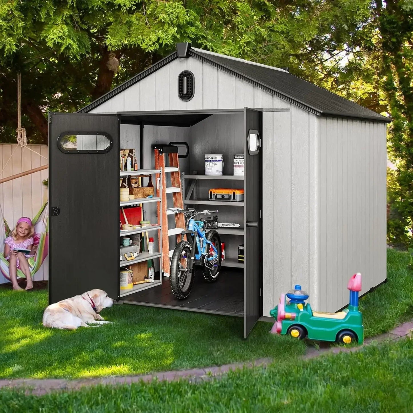 XMSJ Outdoor Resin Storage Shed With Floor Lockable Door