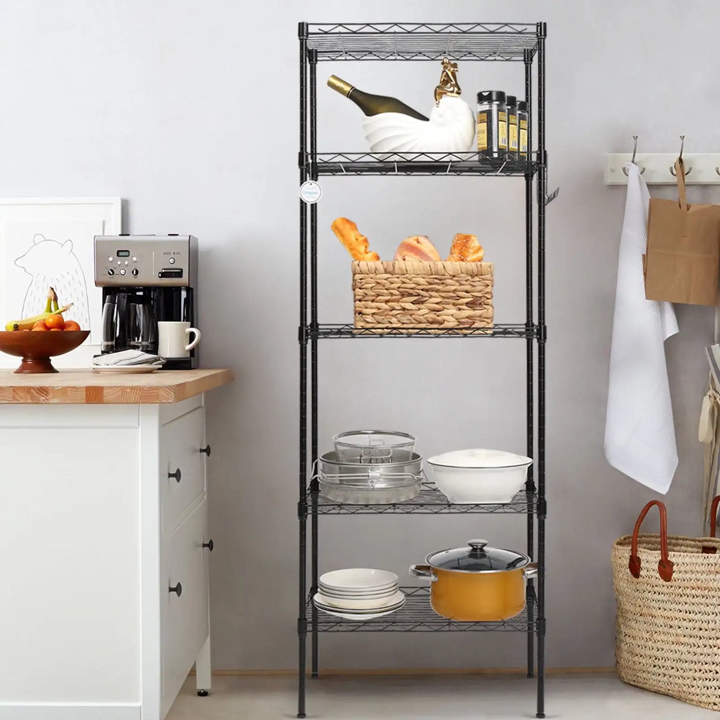 5 Tier Layer 59"x21"x11.5" Storage Rack, Wire Shelving Adjustable Steel Storage Rack Organizer Kitchen, Black