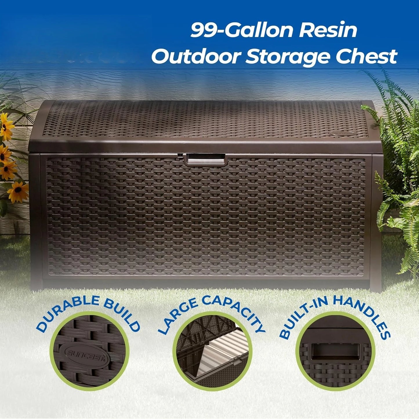 99 Gallon Plastic Wicker Deck Box Container Storage for Garden, Garage, Home, Pool, Indoor and Outdoor Use, Mocha (2 Pack)