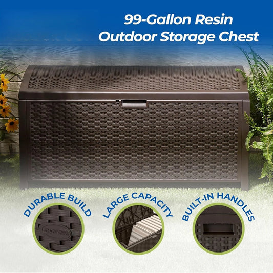 99 Gallon Plastic Wicker Deck Box Container Storage for Garden, Garage, Home, Pool, Indoor and Outdoor Use, Mocha (2 Pack)