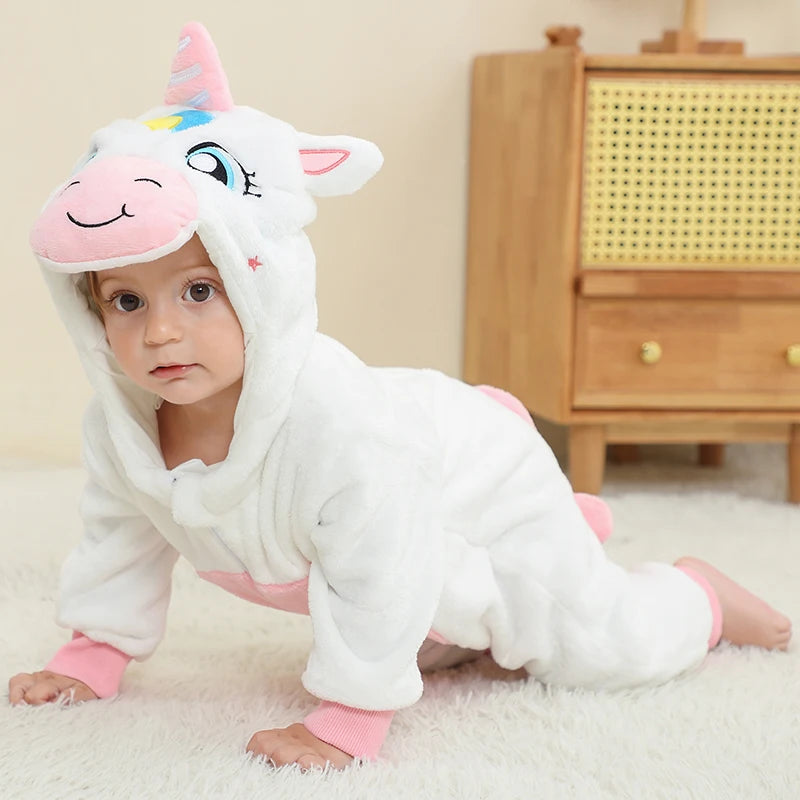 MICHLEY White Unicorn Baby Rompers Winter Clothes Costume Flannel Hooded Bodysuits Pajamas Animals Overall Jumpsuit For Kids