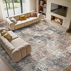 Washable 9x12 Area Rug for Living Room: Modern Abstract Neutral Large Soft Thin Rugs - Non Slip Indoor Carpet for Bedroom Dinin