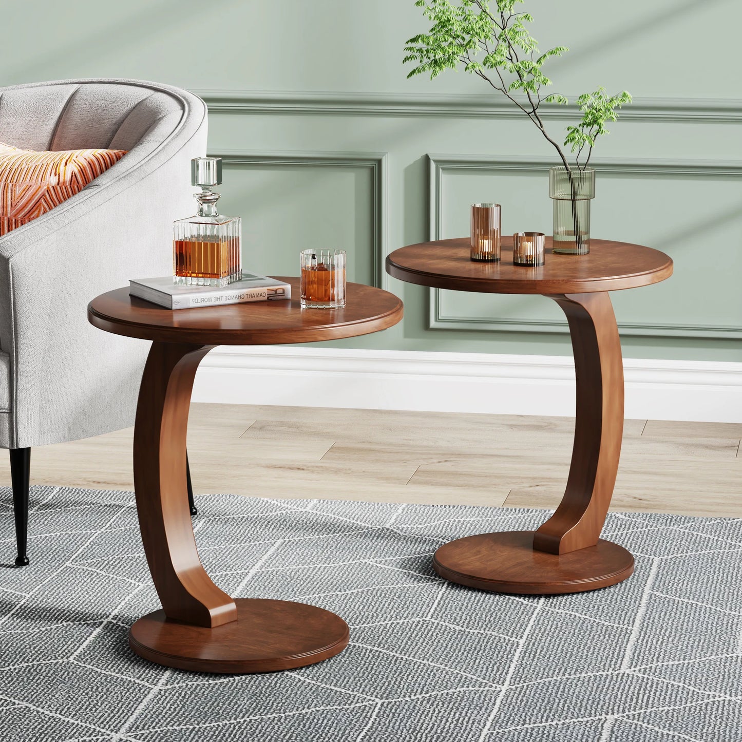 Tribesigns Round End Table Wood C Shaped Side Table