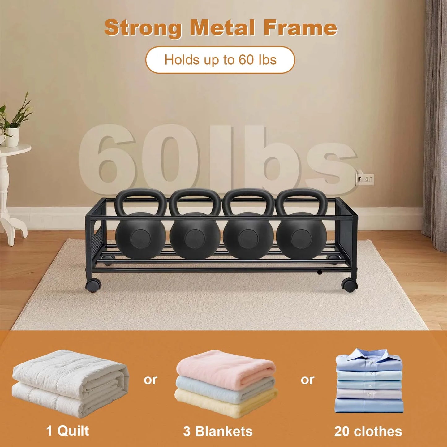 2-Pack Under Bed Storage Basket with Wheels Lids, Foldable Steel Frame Underbed Storage Bin Containers For Bedroom Dressing Room