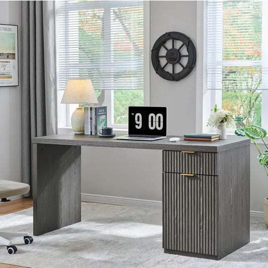 60" Modern Executive Desk with Storage, Wood Home Office Desk with Drawer & Cabinet, Fluted Computer Writing Desk for