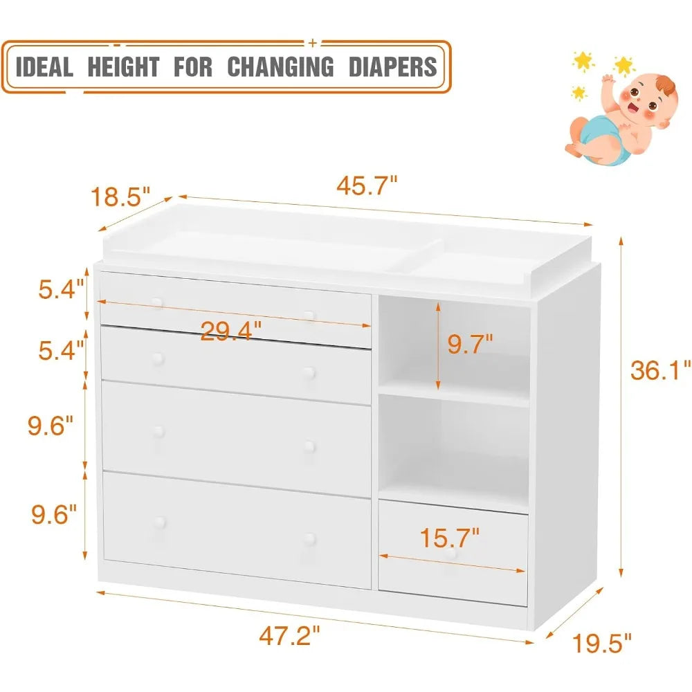 Baby Classic Changing Table Dresser With 5 Drawers Shelves