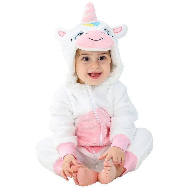MICHLEY White Unicorn Baby Rompers Winter Clothes Costume Flannel Hooded Bodysuits Pajamas Animals Overall Jumpsuit For Kids