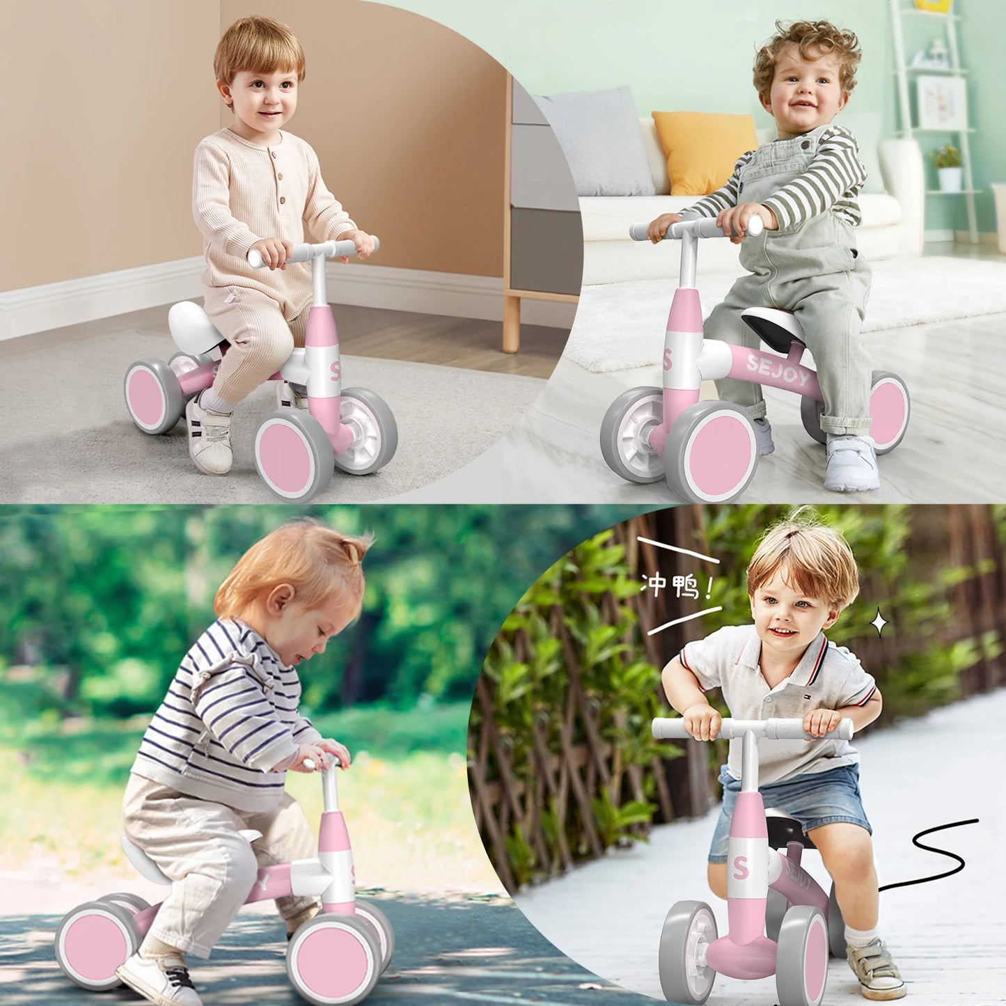 Sejoy Toddler Riding Toy Baby Balance Bike for 12-36 Month 4 Wheels Toddler First Bike,Birthday Gifts Boys Girls,Green/Pink