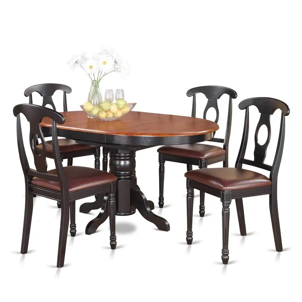 5-Piece Kitchen Table & Chairs Set with Oval Dining Room Table & Faux Leather Chairs Cherry Table Top Black Finish Asian Wood